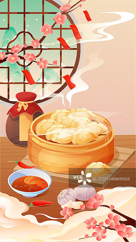 节气立冬蒸饺和黄酒红梅图片素材