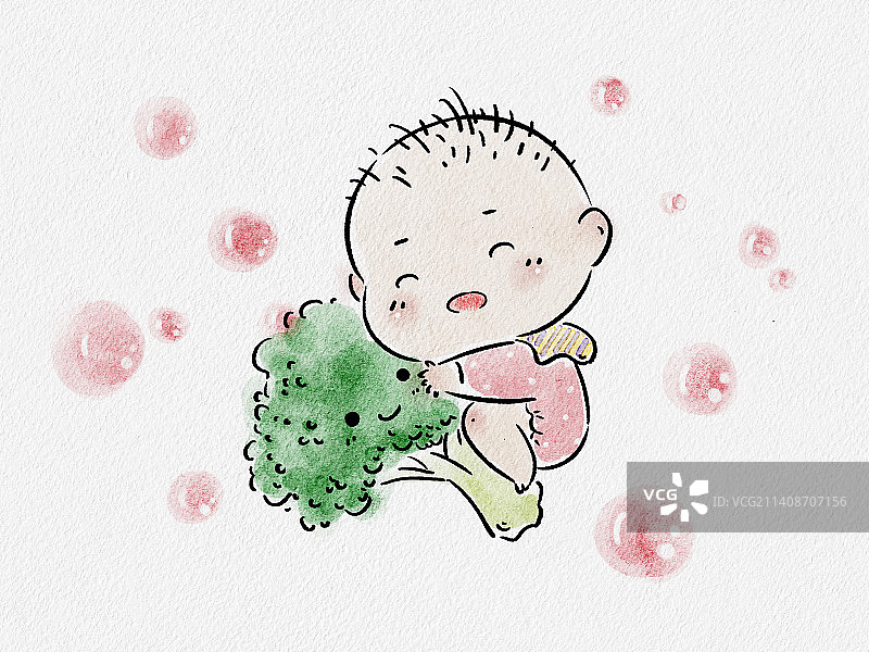 抱着一朵西兰花的小宝宝图片素材