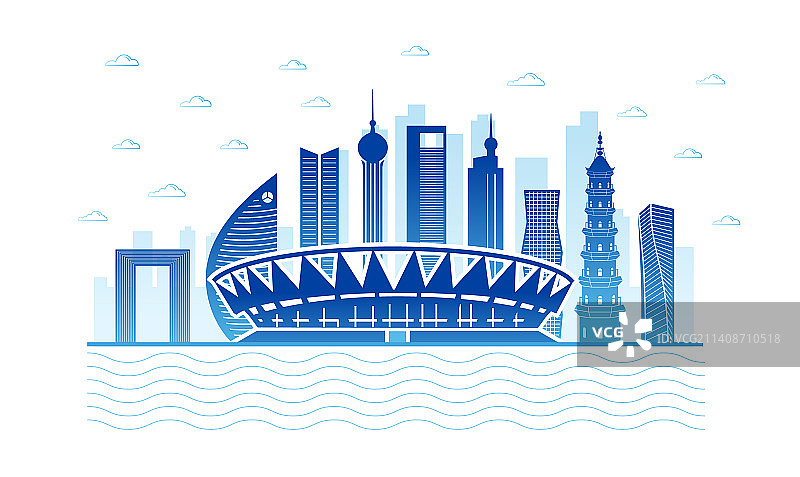 中国广东省佛山市城市天际线矢量插画图片素材