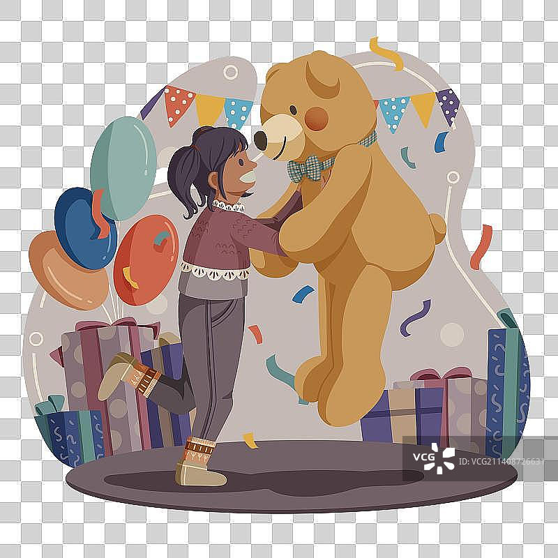 扁平风卡通女孩抱玩具熊生日庆祝插图图片素材