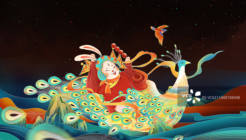2023国潮年俗插画 坐孔雀上的兔儿爷拿着糖葫芦迎新春 戏曲人物国风插画图片素材