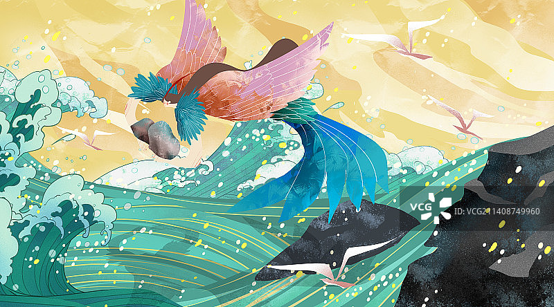 成语典故-精卫填海插画图片素材