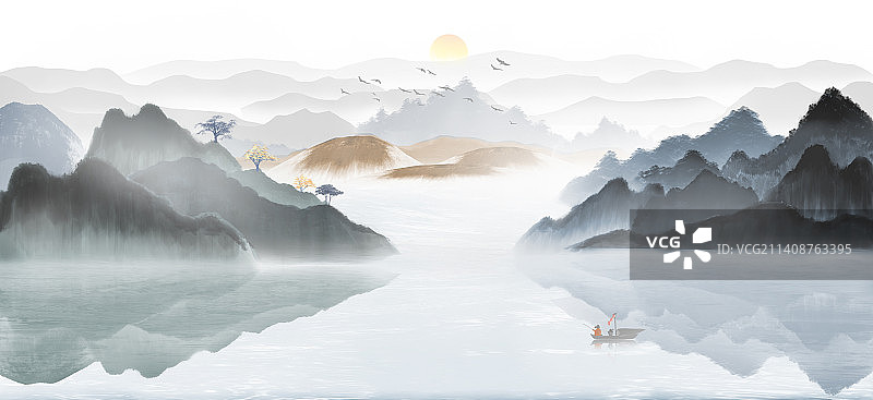 蓝色水墨意境山水画图片素材