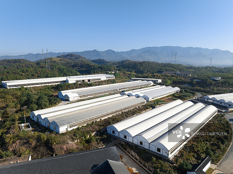 航拍山区中的现代化农业养殖大棚图片素材