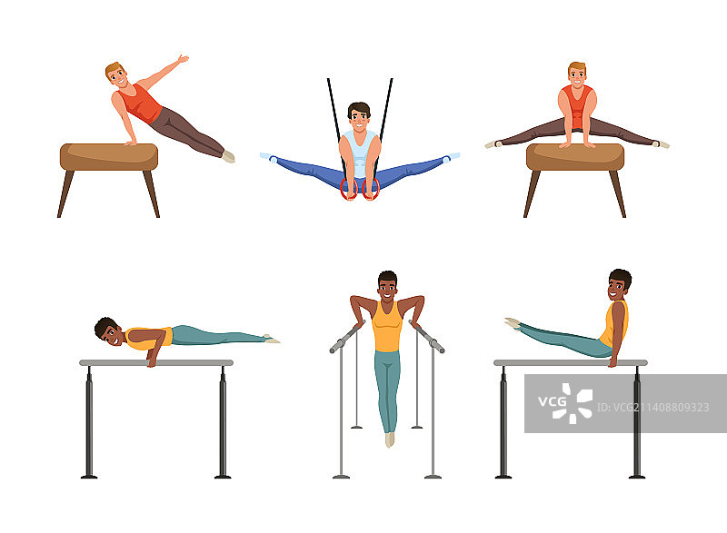 年轻男人进行不同的体操训练图片素材