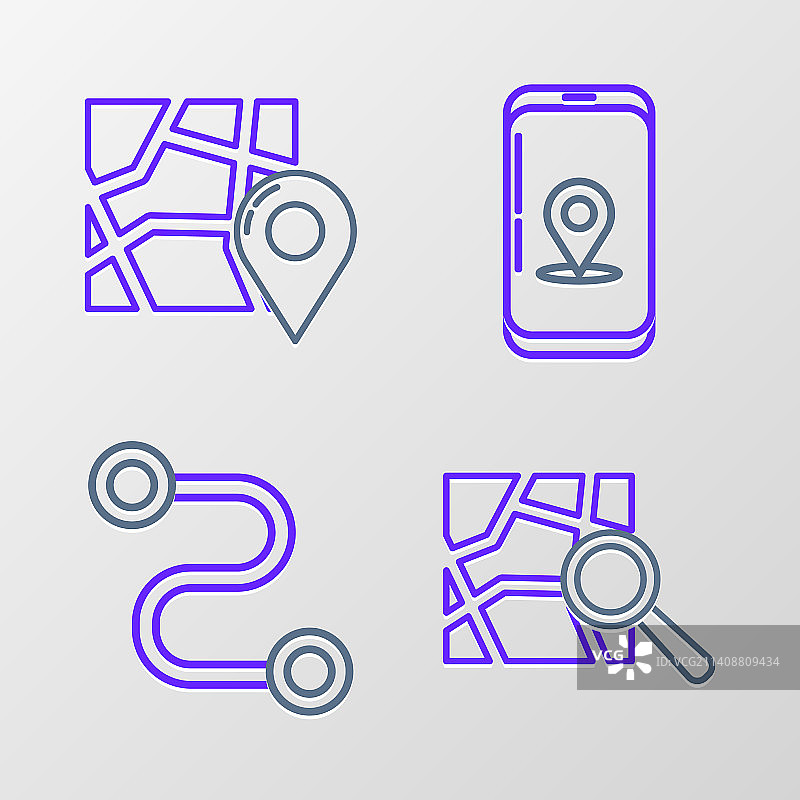 折叠地图、位置标记、路线线条组合图片素材