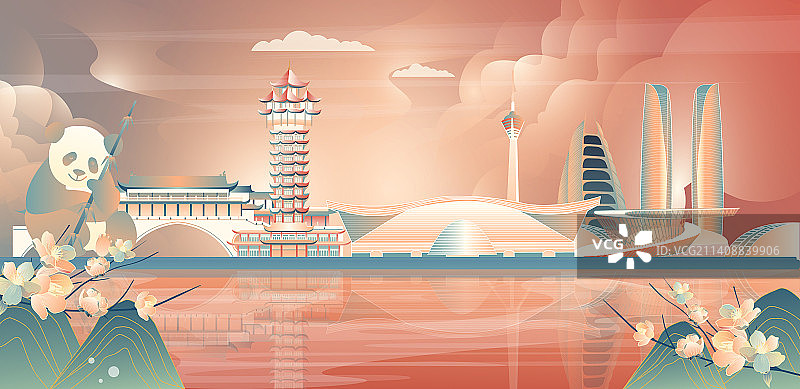 国风成都安顺廊桥竖版节日插画图片素材