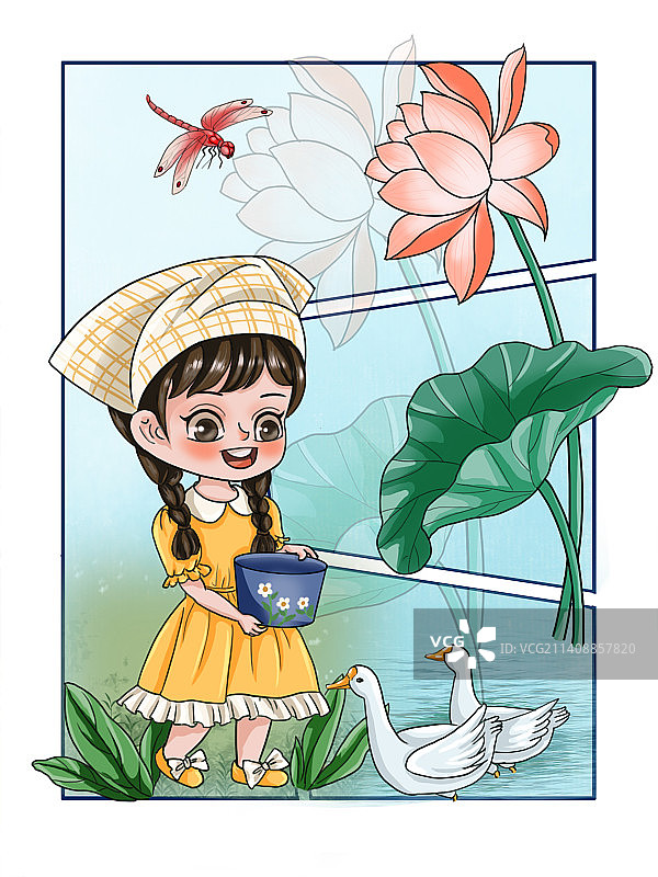 卡通小女孩与小鹅分镜插画图片素材