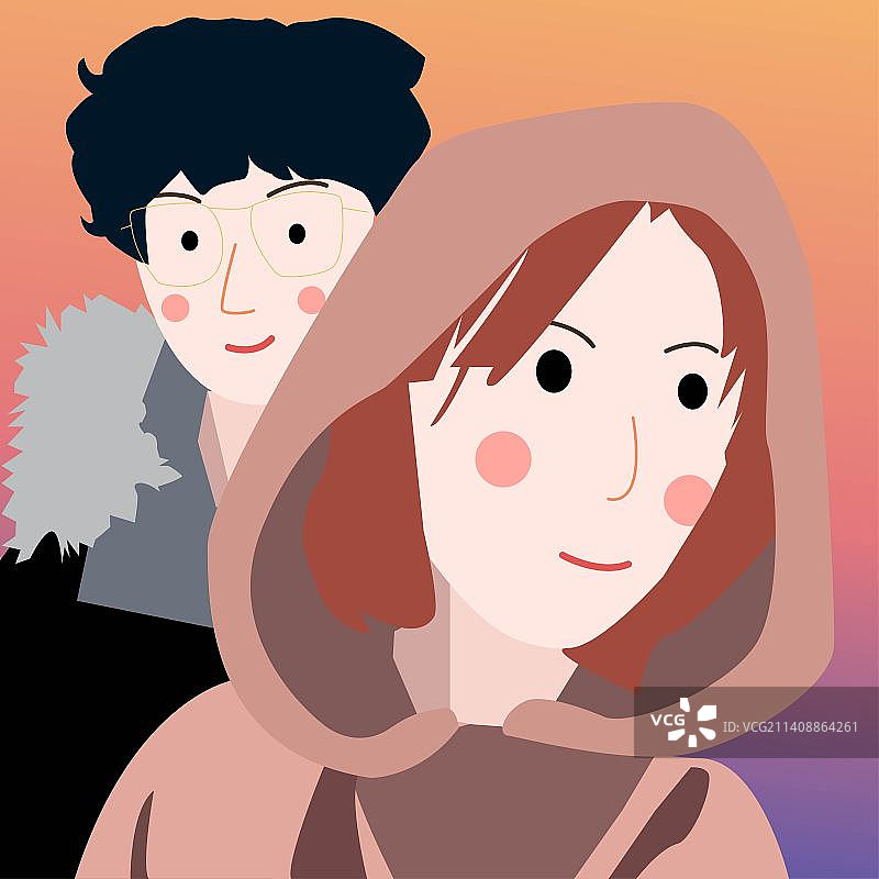 冬季日落情侣扁平风可爱头像插画图片素材