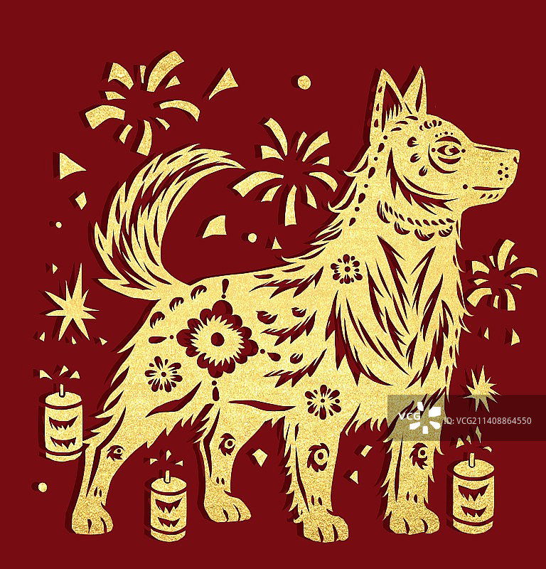 十二生肖剪纸金色狗图片素材