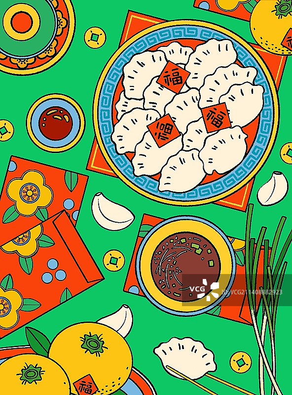 复古喜庆贺新年饺子橘子和红包图片素材