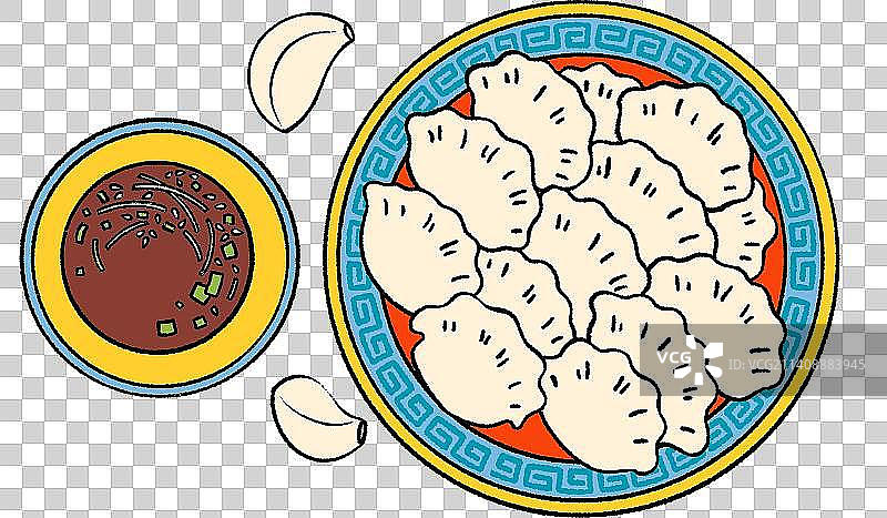 手绘复古卡通一盘饺子和食醋图片素材
