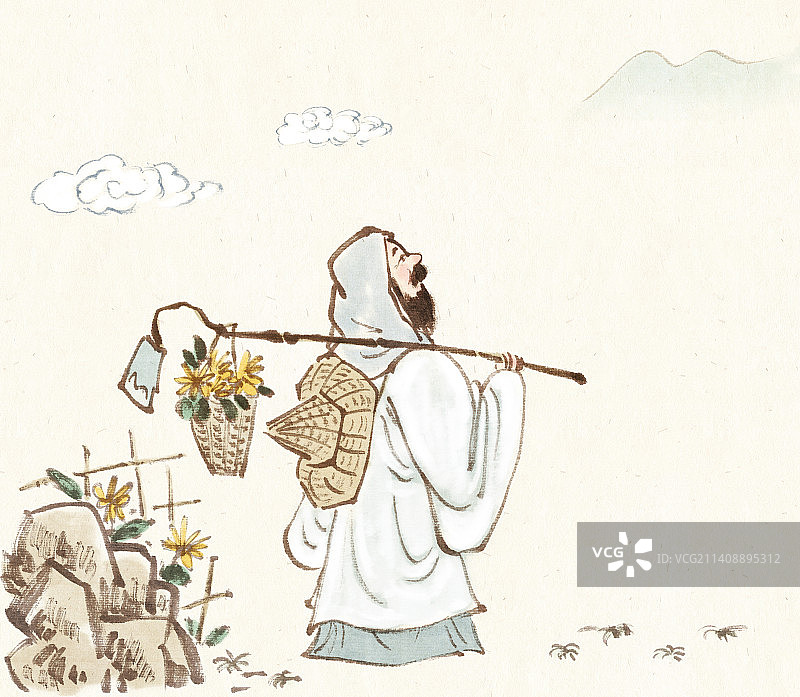 手绘清新中国画陶渊明采菊东篱下诗意插画图片素材