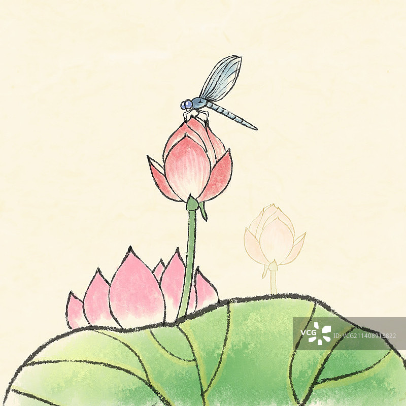 中国水墨画风格手绘荷花荷叶浪漫意境插画图片素材