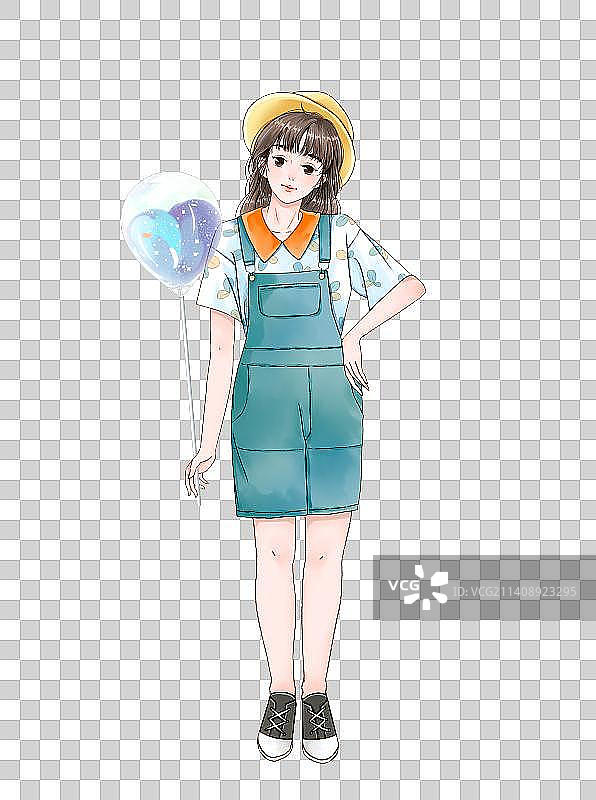 头戴草帽身穿蓝色背带裤手拿气球的少女图片素材