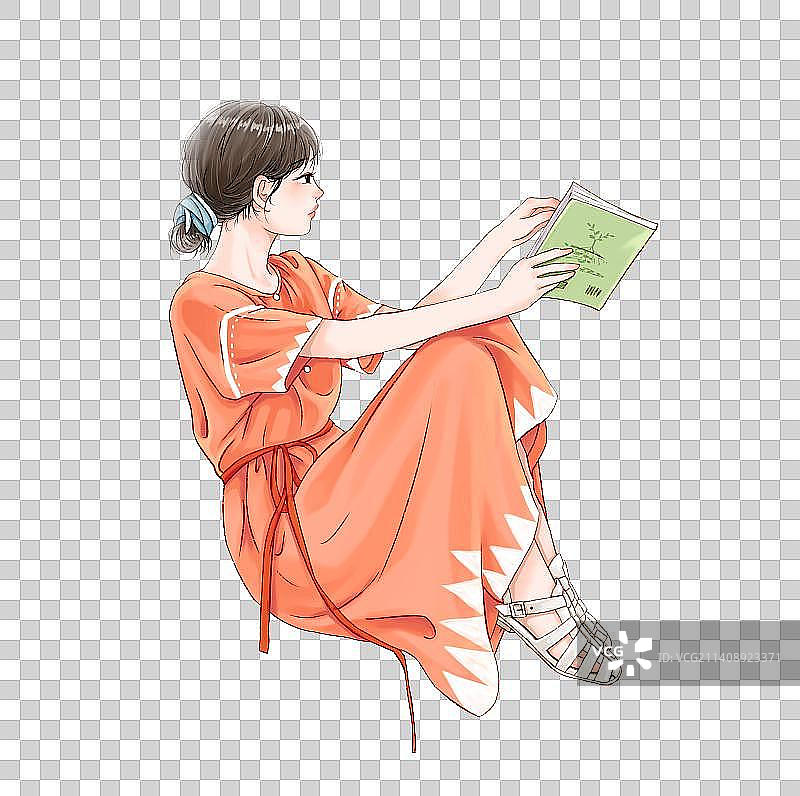 手拿书本侧身看外的小资美少女元素图片素材