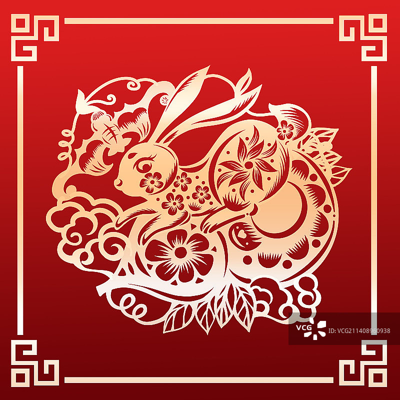 兔子剪纸春节窗花装饰插画图片素材
