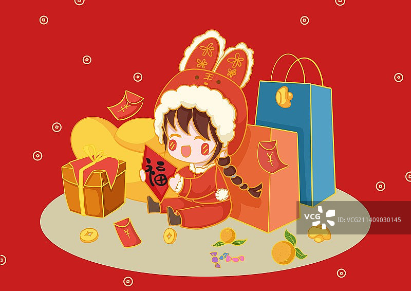 年货节购物扁平类喜庆可爱插画图片素材