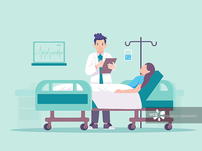 医生站在病床拿着本子问诊图片素材