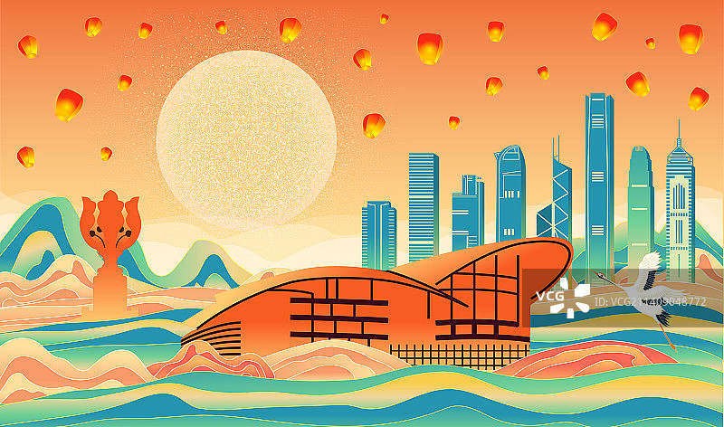中国香港国潮城市喜庆节日中秋节城市插画图片素材