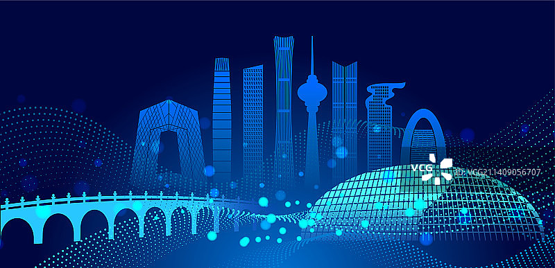 中国北京市城市科技夜景插画蓝色图片素材