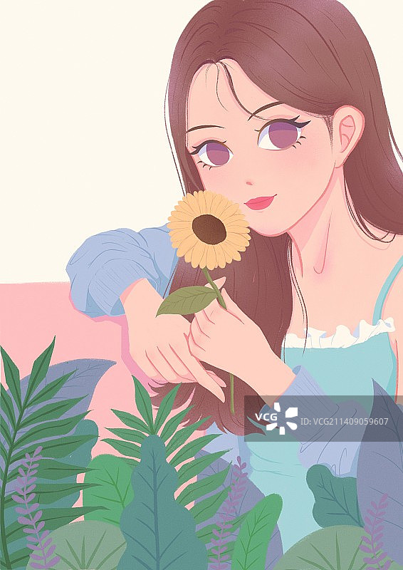 坐在花丛中的女人向日葵肌理温柔少女插画图片素材