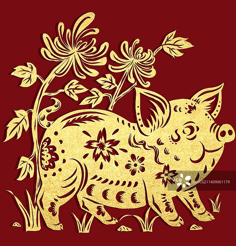 十二生肖剪纸金色猪图片素材