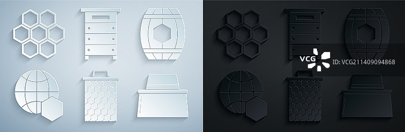 蜂巢、蜂蜜木桶和地图图片素材