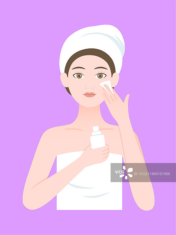 进行脸部护肤的女性手绘插画图片素材