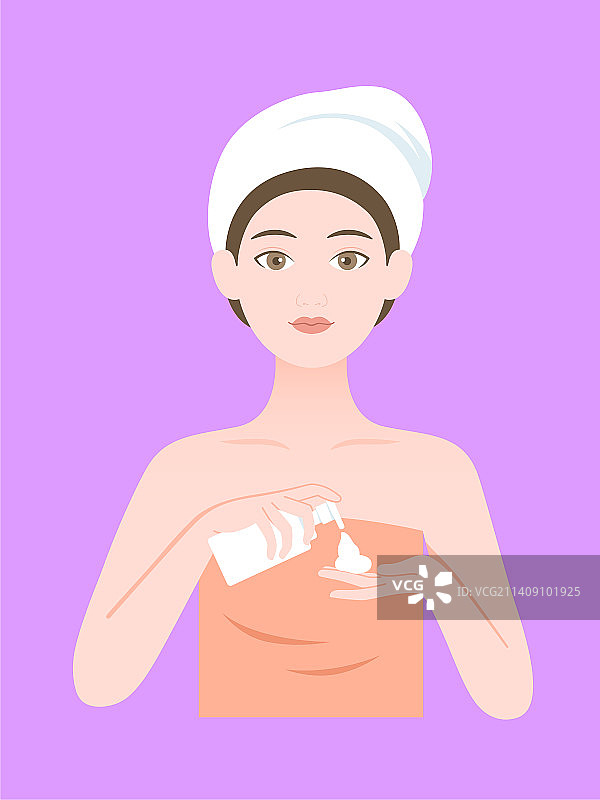 往手上挤压洗面奶的女性手绘插画图片素材