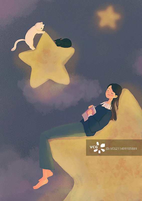 女孩睡在星星上图片素材