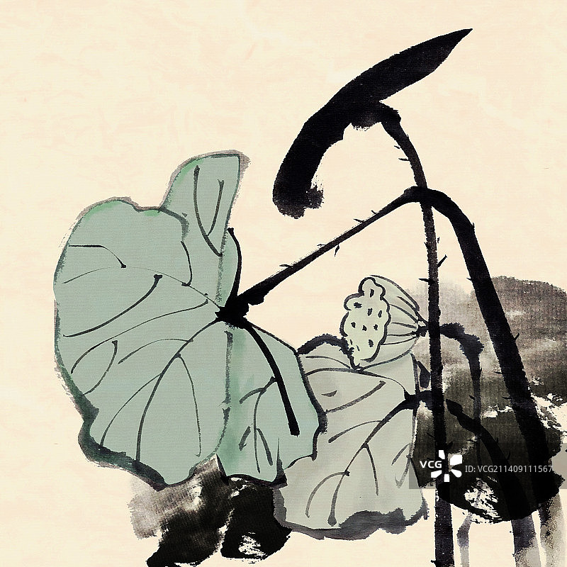 中国水墨画风格手绘荷花荷叶浪漫意境插画图片素材