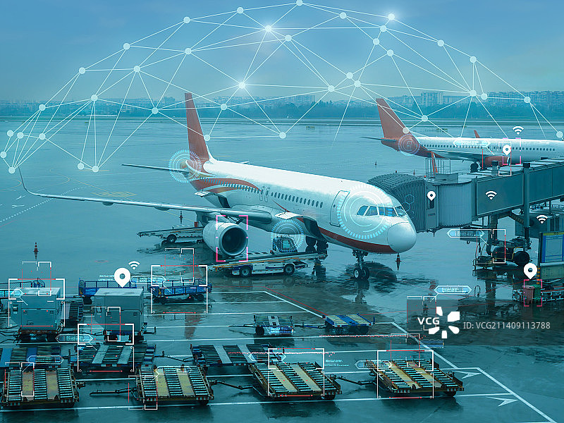 5G大数据北斗系统云计算中心赋能数字智慧机场空港物流航空业提升航班运力摆渡车自动驾驶装卸货托运安检图片素材