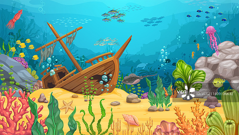卡通水下景观与沉没的帆船图片素材