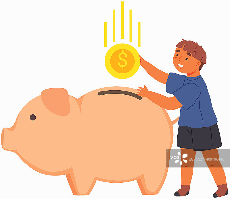 拿着存钱罐并放入的微笑小男孩图片素材