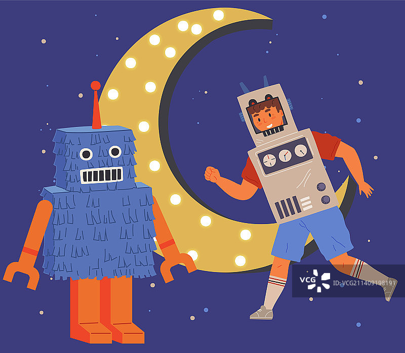 男孩穿着纸板机器人服装玩耍图片素材