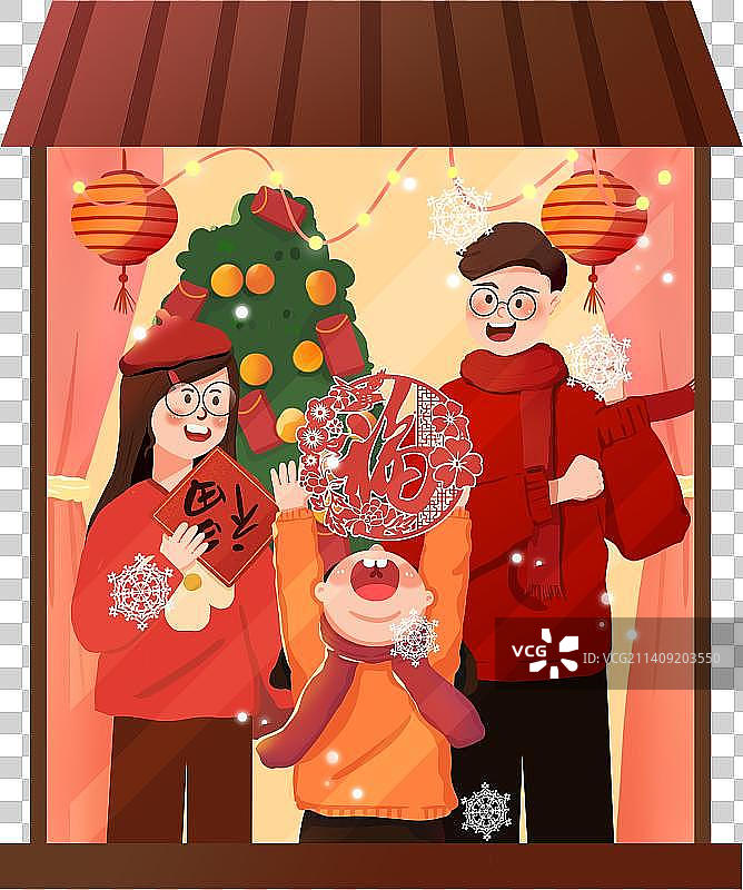 手绘春节传统习俗贴窗花贴福图片素材