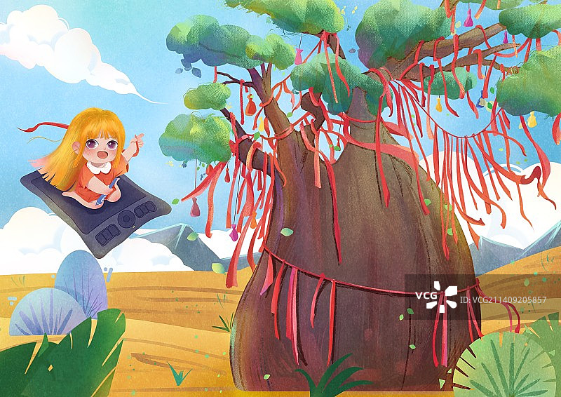 猴面包许愿树温暖治愈系插画图片素材