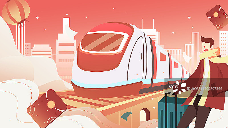 卡通手绘春运火车高铁动车春节返乡回家插画图片素材