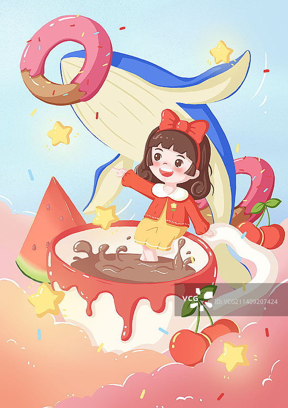天空云朵鲸鱼奶茶甜品梦幻插画图片素材