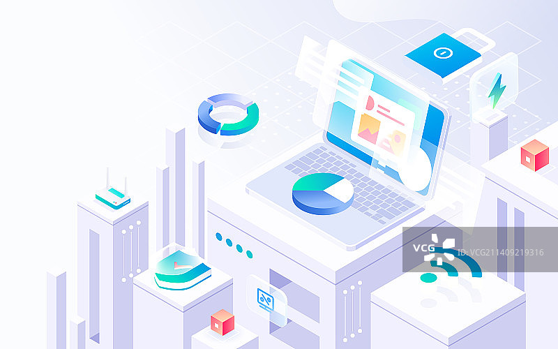 互联网通信网络连接数据安全分析等距插画图片素材