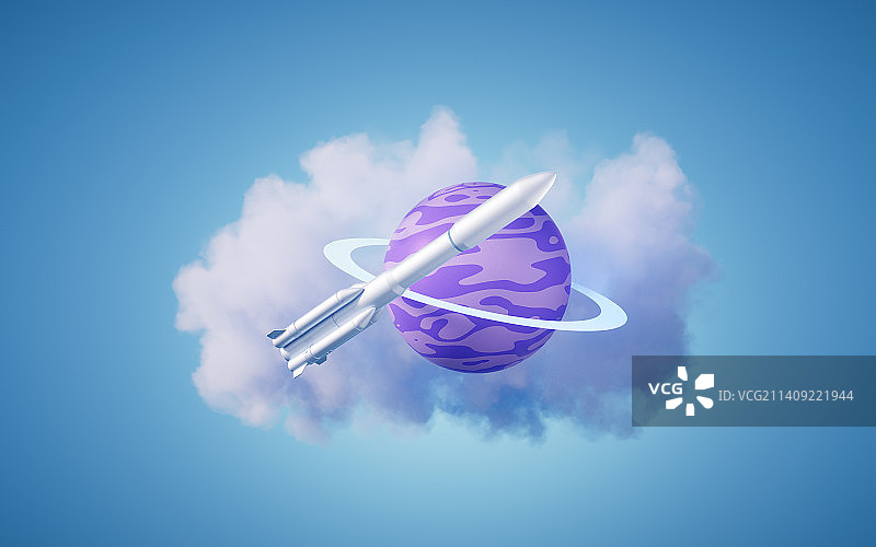 卡通风格星球与火箭3D渲染图片素材