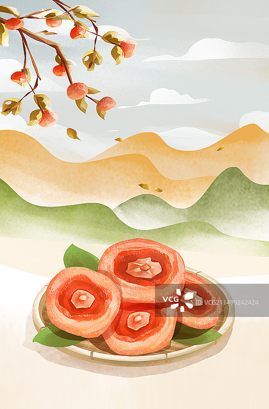 二十四节气之霜降吃柿饼插画图片素材