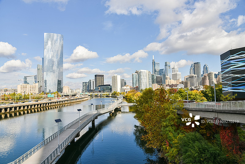 美国宾夕法尼亚州费城河流与建筑全景图片素材