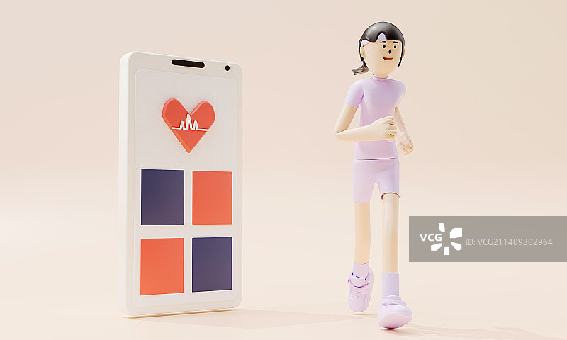 3D渲染手机显示运动卡通人物身体数据图片素材