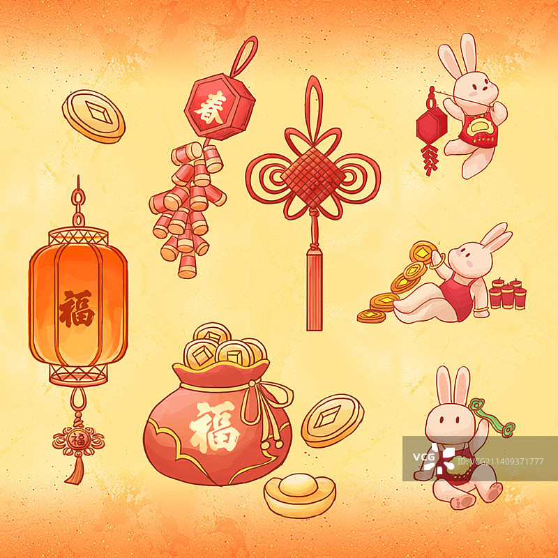 兔年兔子生肖春节新年元素传统节日年俗中国风国潮插画图片素材