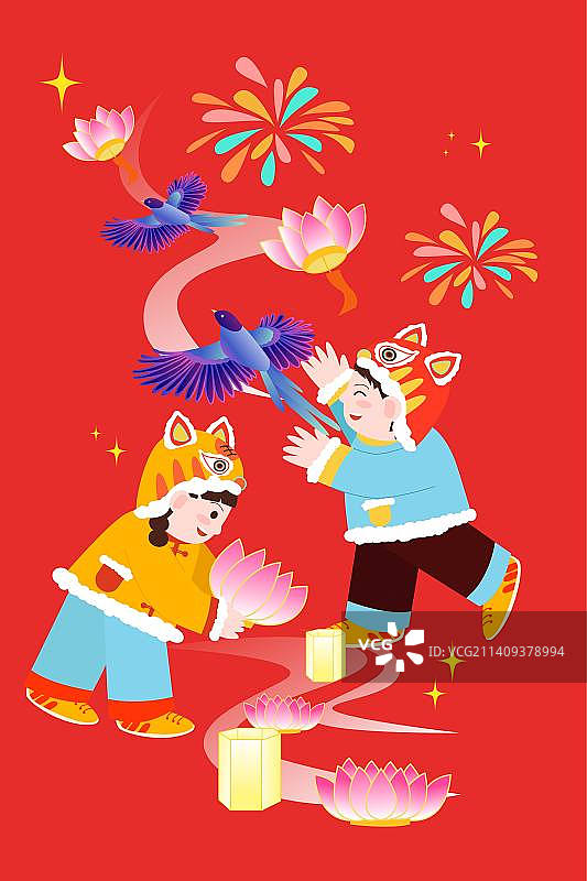 卡通节日新年春节年俗拜年正月初八 大年初八 放生祈福 喜鹊 花灯虎帽儿童扁平矢量插画图片素材