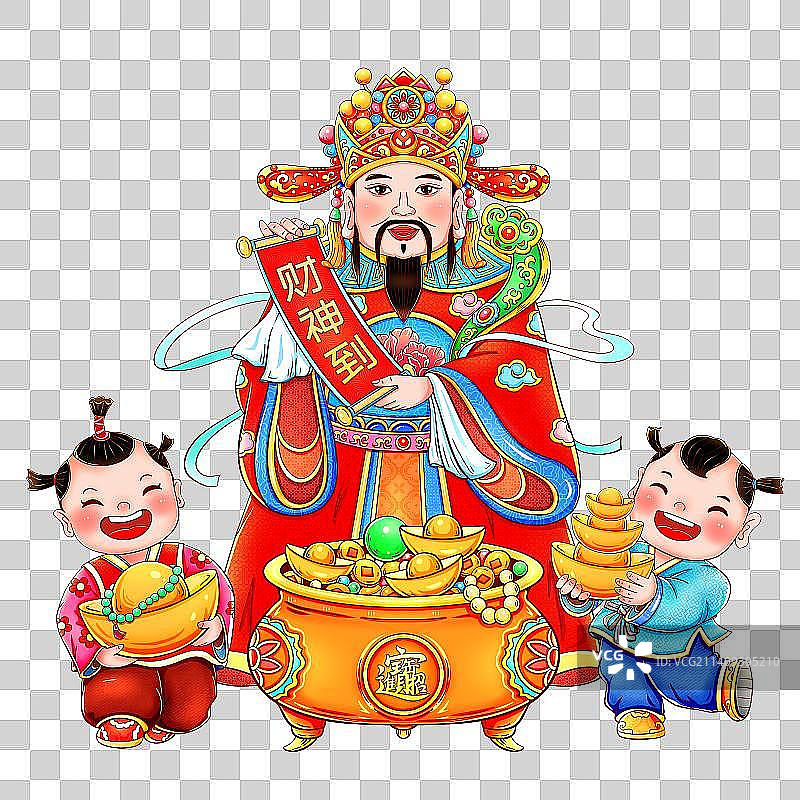 国潮财神童子聚宝盆元素图片素材