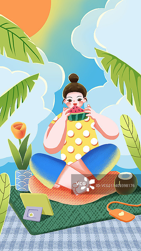 夏日女孩休闲快乐吃西瓜运营风格插画图片素材