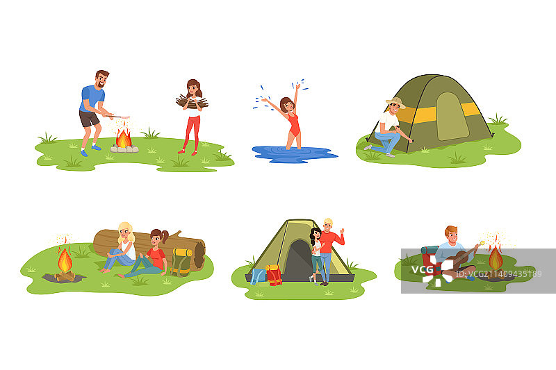 年轻男人和女人享受露营活动图片素材